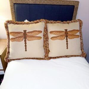Elaine Smith Orange Dragonfly Spa Pillows Natural Cream Rustic Boho Set of 2 20"